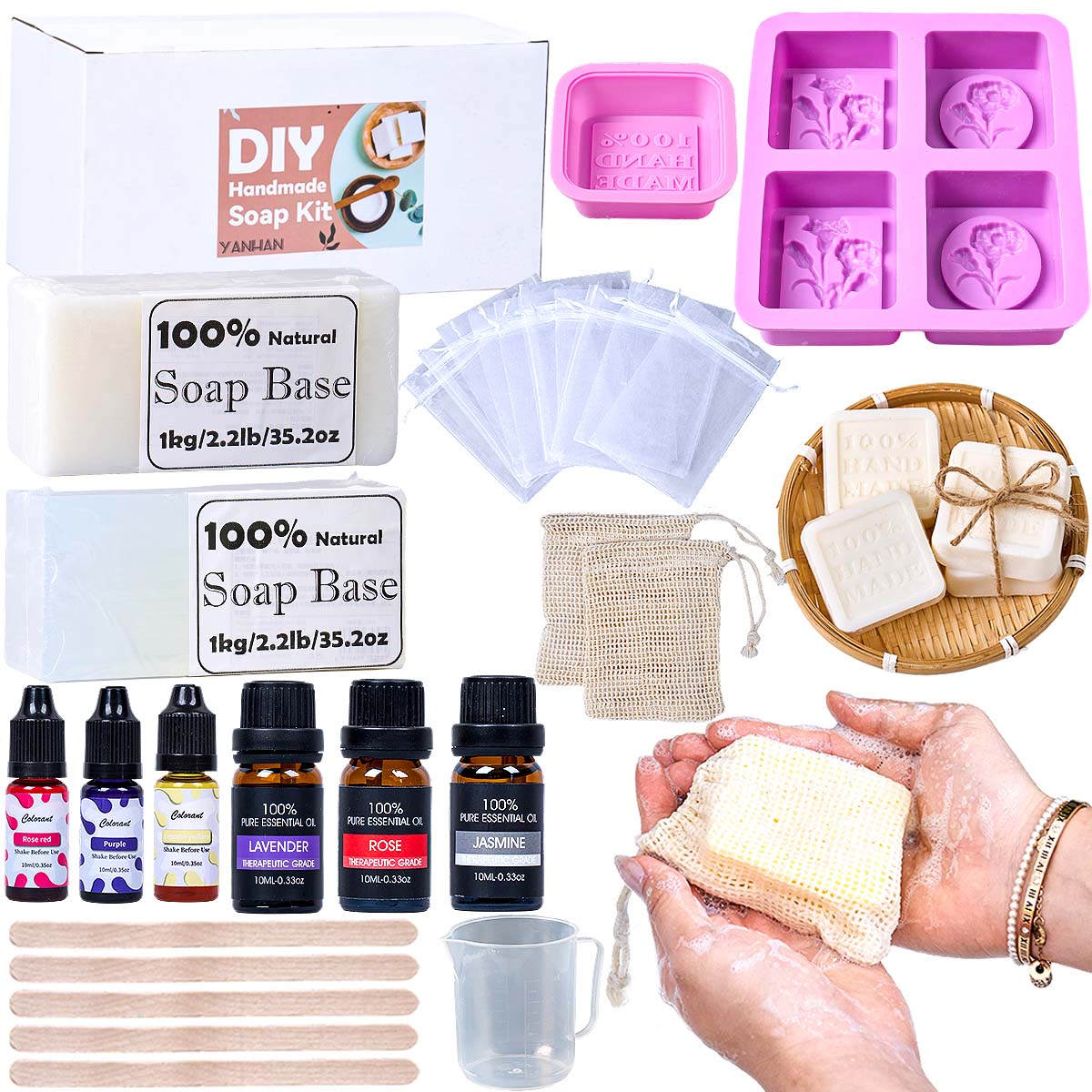Soap Making Starter Kit - 실리콘 몰드, 버블망, 비누 베이스, 에센셜